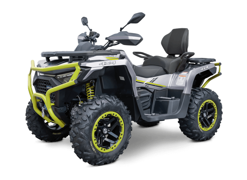 Quad Linhai Landforce 650L Pro EPS ABS w wersji grey/fluo green – ujęcie 3/4 z przodu, limonkowe orurowanie i felgi beadlock